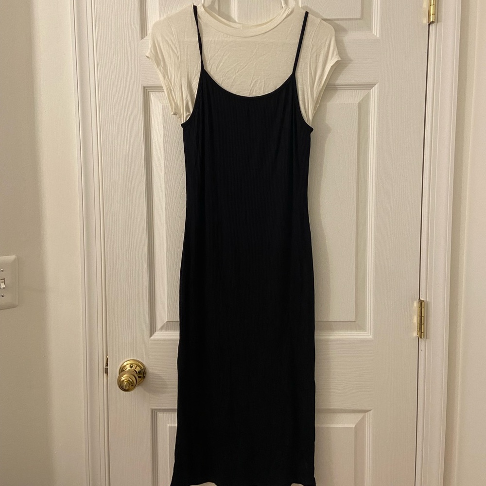 Black Midi Rib Knit Slip Dress with White Tee